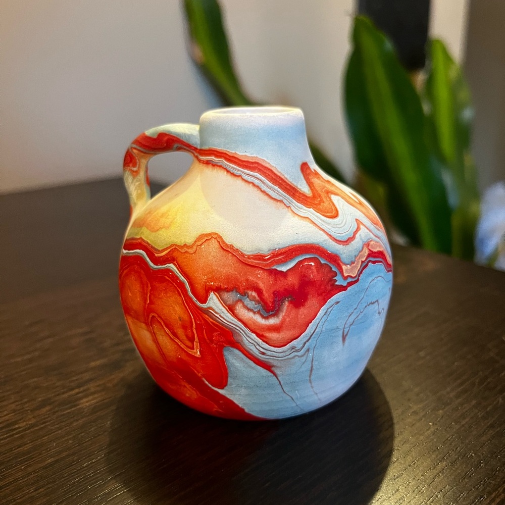 Vintage NEMADJI Indian Pottery Native Clay Rare Small Jug Orange Blue Swirl